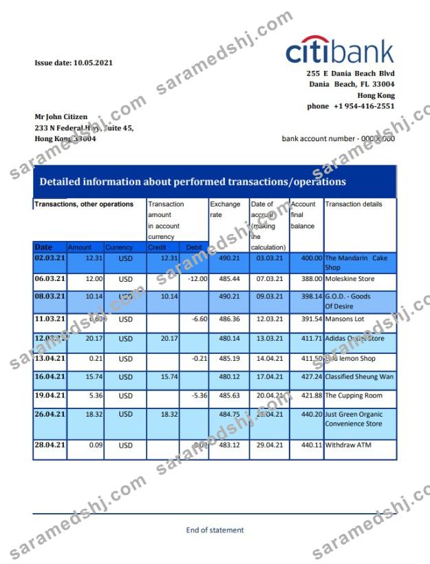 Hong Kong Citibank excel